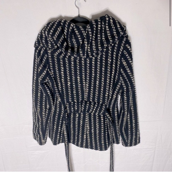 Zara Basic Black Cream Striped Textured Knit Bubble Collar Belted Jacket M - Picture 2 of 16